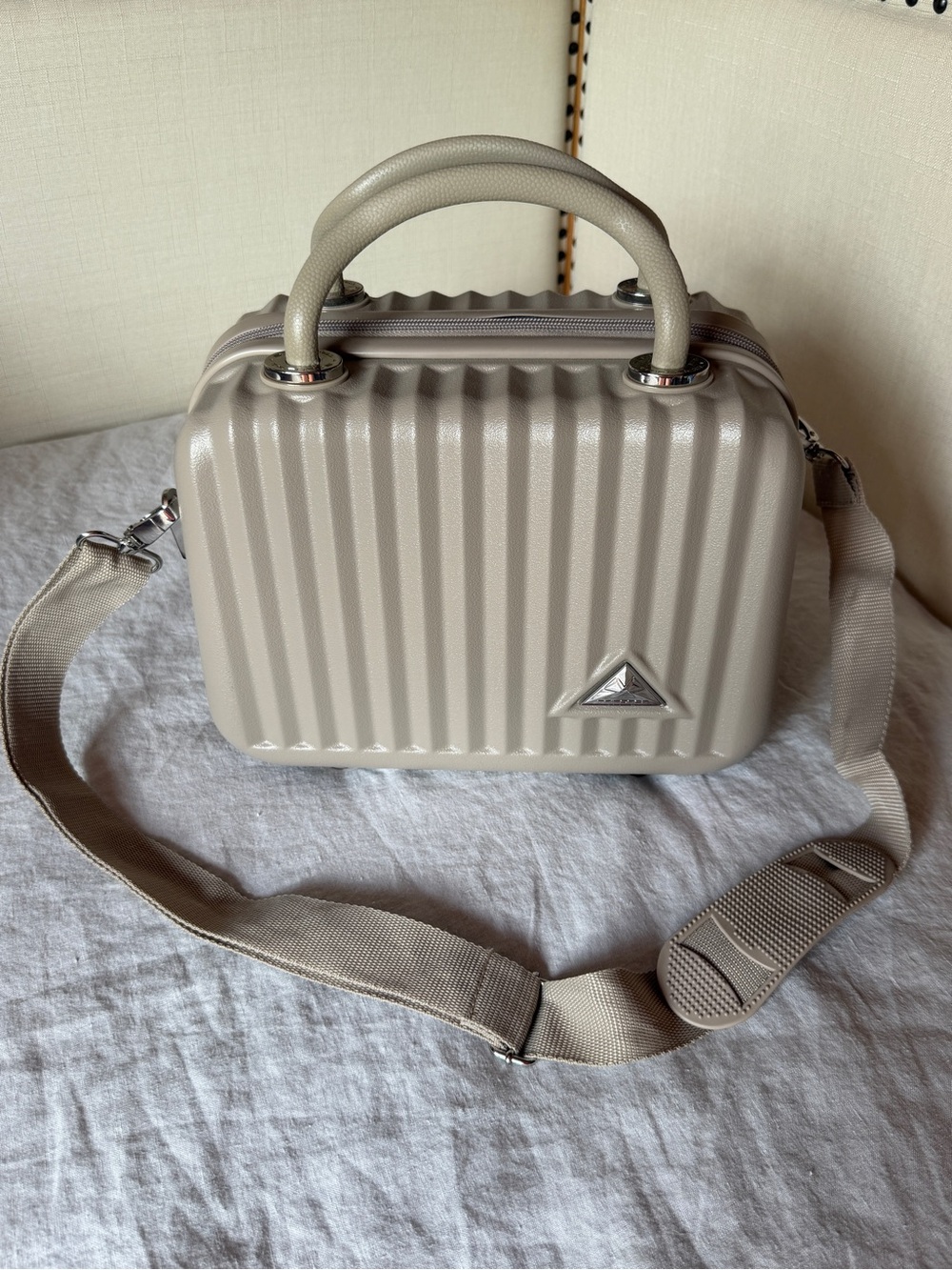 Textured Taupe Hard-Shell Cosmetic Case with Shoulder Strap
